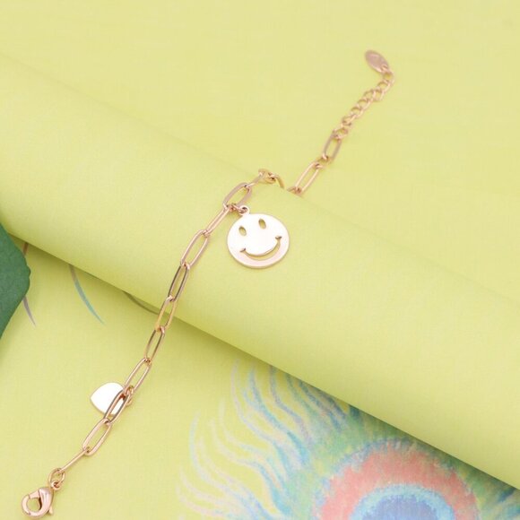 "Rose Gold Smiley Charm Bracelet with Heart Dangles, XPBL1149 - Picture 2 of 12